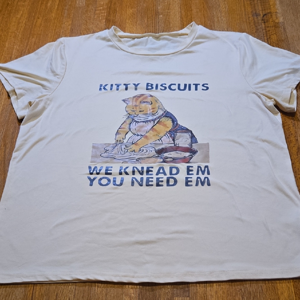 SHEIN Women XL Cream Kitty Biscuits We Knead Em You Need Em‎ Short Sleeve Top